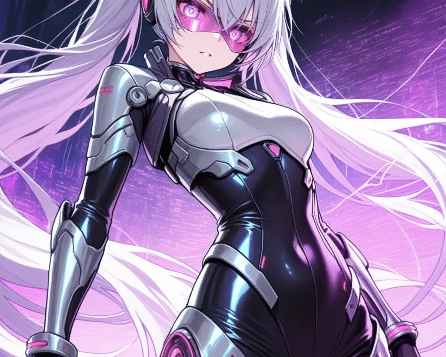 ((best quality, masterpiece, absurbres, super-resolution)), 1girl, solo, white hair, ahoge, blue eyes, (absurdly long hair:1.2), pale skin, flat chest, hair between eyes, dark energy, powerful, magic, evil, villain, dark, glow, armored, bodysuit, expressionless, futuristic, movie poster, exoskeleton,