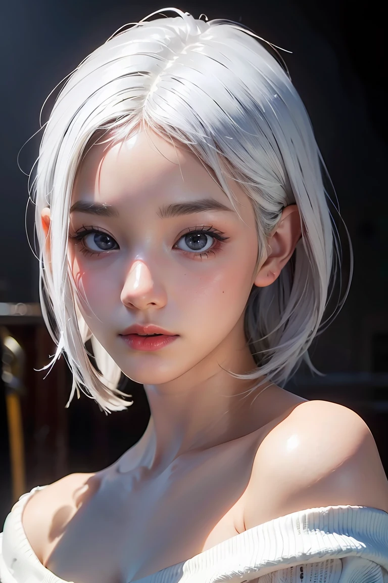 ((best quality)), ((masterpiece)), (detailed), 1girl, girl looking up in the middle of rain. White hair. Short hair. Pink eyes. Sad vibe. Sad face. Topless.