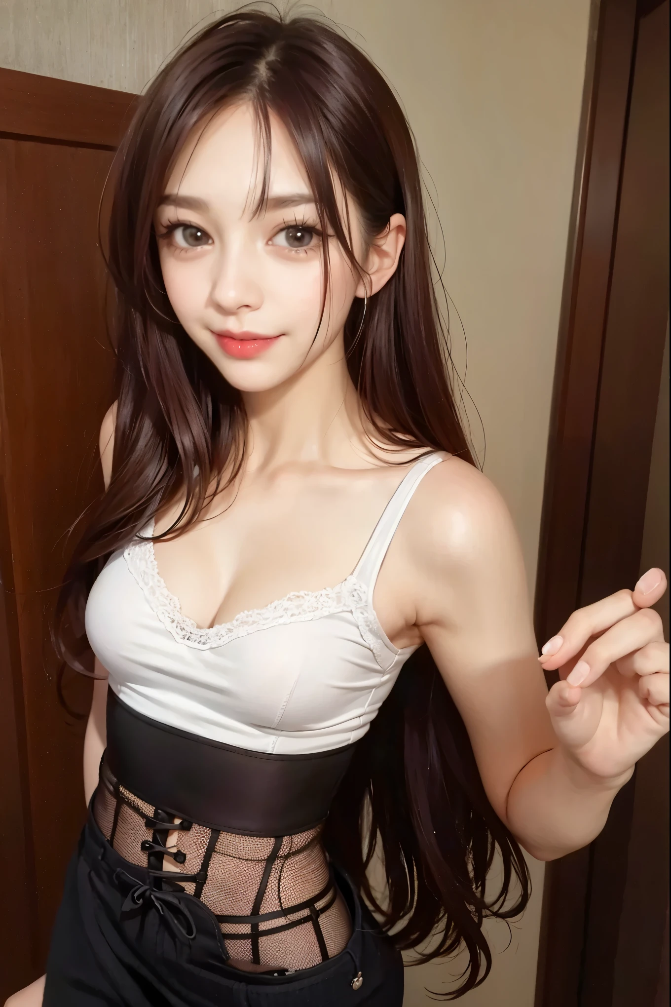 ((highest quality, 8K, masterpiece: 1.3)), concentrated: 1.2, Cute girl 1,nipples erect、Braless walk、 Perfect beauty: 1.4,hoodie: 1.2,Long sleeve、randal color、comics&Text Graphics、Black ruffle-trimmed drawstring zip blouse,1.1, Highly detailed face and skin textures, Fine grain, double eyelid, whitening skin, ,highest quality,Ultra-high resolution,you,1 girl,alone,_Shiny_skin,Iris,necklace,((Brown_length_Wavy_hair)),(lips)),eyelash,front hair,deal with,compensate,Shiny,pore,skin texture,big breasts、smiling face、living、