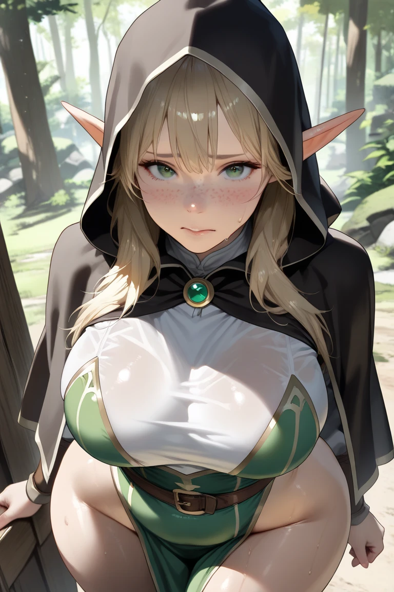 (Running with a sword:1.5)、Brown wavy long hair、(Sleepy look、Embarrassing、Bitch、Slut、Prostitute)、(emerald green metallic micro bikini、White armor、Female Knight、(Huge breasts:1.5)、Underboob、Sideboob)、(Absolute area、Camel toe、belly button、Browsing Caution、Thick thighs、Wide Hips)、(NSFW:1.5)、(Ruins of the World Tree Forest:1.5)