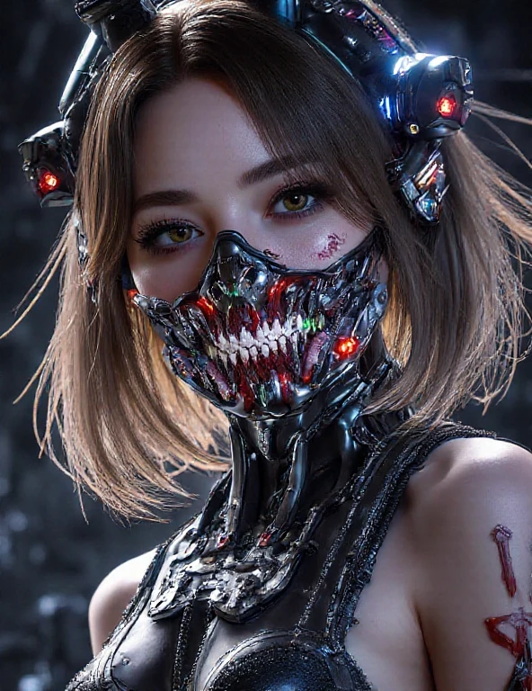 (Realistic:1.4), (Best Quality:1.0), (Super Resolution:1.0), 8K, RAW Photo, (Masterpiece:0.2), Upper Body, (Cybernetic_Jawless), (mask), mechanical parts, cybernetics, 1 girl, Asian, black eyes, black hair, (long hair: 1.2) bangs, (Cyberpunk City: 1.2), neon,