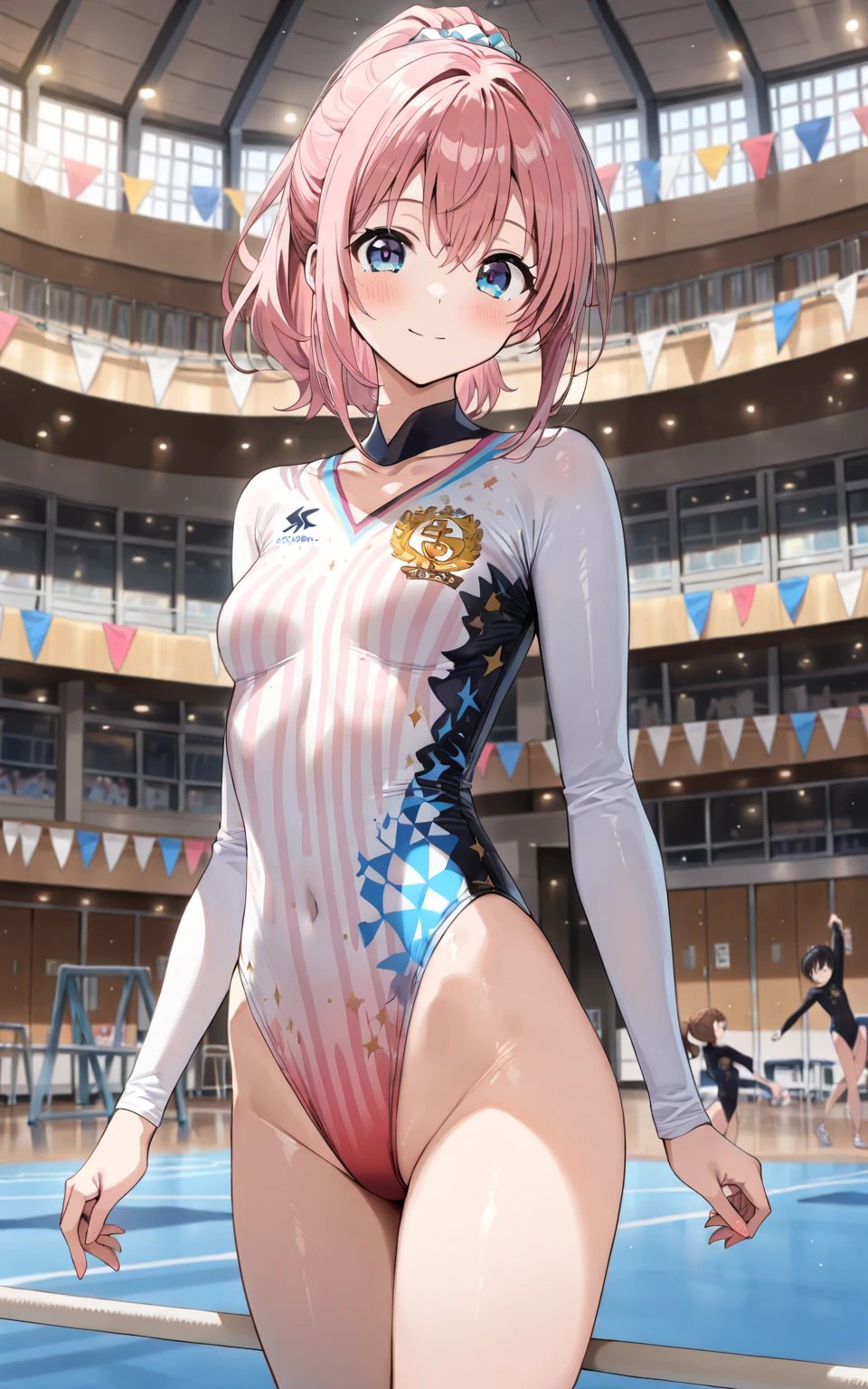 highquality illustration, masterpiece, very delicate and beautiful, attractive girl,(gymnastics leotard,long sleeve leotard with glittery decoration,high_leg leotard,athletic leotard,tight-fit leotard,iridescent gradient leotard,long-sleeve leotard),thin,slender body,slim,high school,gymnasium background,gymnastics club,gymnastics athlete,princess, beautiful eyes,light smile,(masterpiece, best quality:1.2), highres, extremely detailed CG unity 8k wallpaper, perfect lighting, Colourful, ultra-high res,4K,ultra-detailed, photography, 8K, HDR,  ages,cowboy shot,