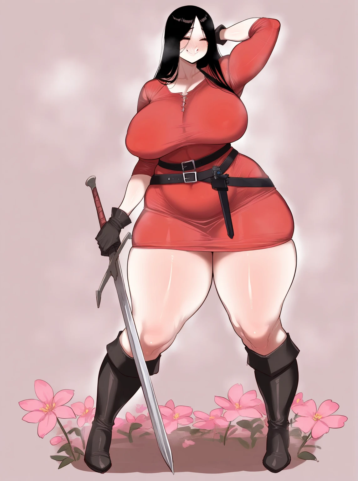 standing,crazy smile,looking at viewer,huge breasts،from below,red eyes,cleavage, blood, blood on mouth, knife, bloody knife