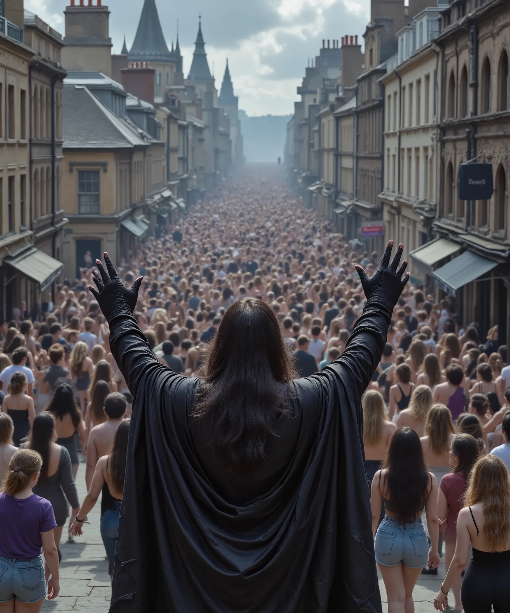 A Count Dracula with his back to the camera, standing, with the black cover open, Make the symbol of (((peace and love with raised hands))) for the huge audience with their arms raised, with t-shirts of various colors and a large band half to the public written (((Black Sabbath Forever))). He is in a typical English city. Photograph taken with 35mm lens, cinematic soft-focus, hyper-realistic details, 16K, masterpiece.