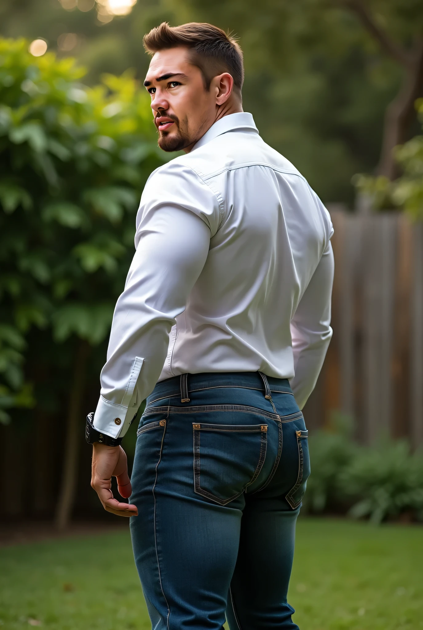 retrato de Richard, un hombre guapo mayor , pelo de sal y pimienta , barba mediana , wearing jeans with a big black belt , vistiendo una camisa a cuadros roja. Nalgas grandes de hombre. Backside nalgon