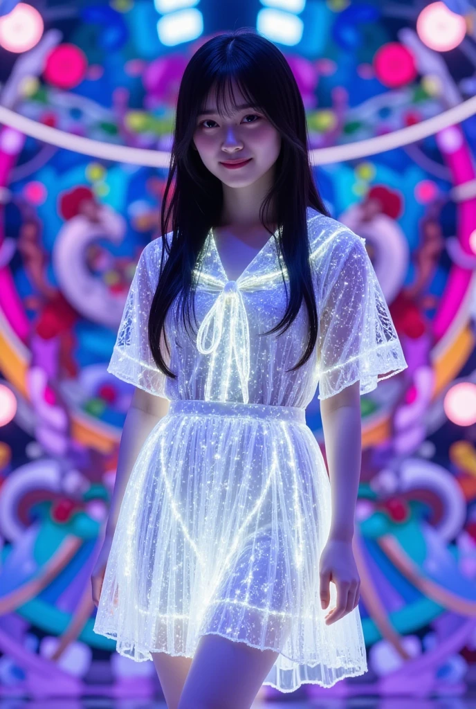 (highest quality, 8k wallpaper),  masterpiece, Japan，super realistic, Music Festival, Dome Live,  Idol Girl，luminous sailor skirt, Many colorful spotlights illuminated her, (The big screen showed an idol, her figure on the big screen:1.3), 50,000 viewers filled the venue, enthusiastic audience waving their glow sticks together.Extremely bright resonating glow and shine reflect off glass dress.  Japansese young woman, very attractive, tall, long hair, dress is glowing from within. She faces the viewer, slight smile, eye contact, Incorporate perfect symmetry and rotational symmetry, psychedelic dream, vibrant colors shimmering, perfectly formed symmetrical spheres and glowing reflective bubbles, extreme attention to detail on the bubbles and spheres, rainbows of color twist out of translucent orbs, spilled paint and spirals of swirling color in the background, beautiful psychedelic digital art, pixel art, neon colors, 4d mandelbulb psychedelics, glass-like psychedelic landscape, intricate rainbow environment, psychedelic underwater brightness, trails of color and light, bright fluorescent colors, psychedelic vibrant colors, bright psychedelic neon colors, colorful paint drips out of the bubbles, 3D glass spheres melting into each other spilling out colors, visually disorienting, hallucination inducing, optical illusions, startling, stunning images, awe-inspiringly, best quality wallpaper,  Pixel Assets , portrait photography, surrealism, photorealistic, hyper detailed, glass morphism, digital art, sparkle, optical illusion, glowing light, reflection light, overexposure, god rays backlighting, depth of field, rotational symmetry, UHD, high details, high quality, super detailed, best quality, award winning, Masterpiece. Spheres reflecting light everywhere and it brings out images and optical illusions for the viewer's disorienting experience of looking at it. Super bright neon Colors.  incorporate bright neon green, neon blue, neon purple, neon yellow, &blood red Extreme glow and shine reflect off