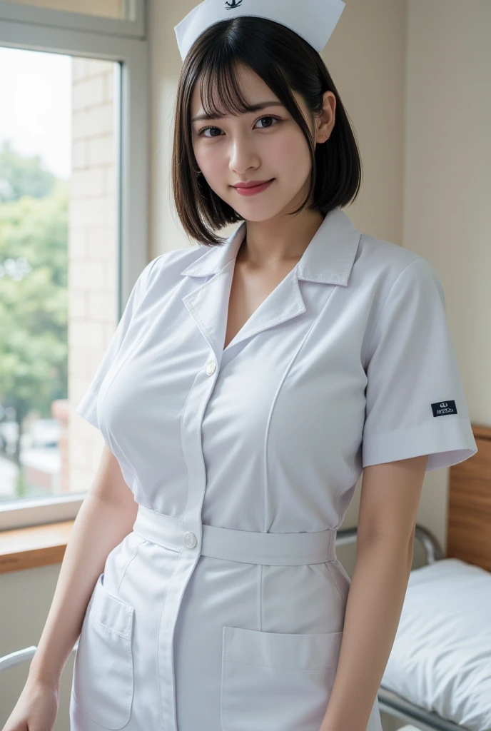 highest quality,16K high resolution,Super detailed,masterpiece,Live shooting,realistic:1.5,hyper realism:1.5,sharp focus,very delicate and beautiful,small details,professional lighting,intricate composition,
29 years old,japanese woman,black short hair,fat body,full body,
(nurse:1.2),little smile,