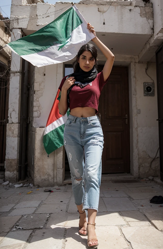 A Muslim girl get fucked from a Israeli soldier, destroyed buildings in background,