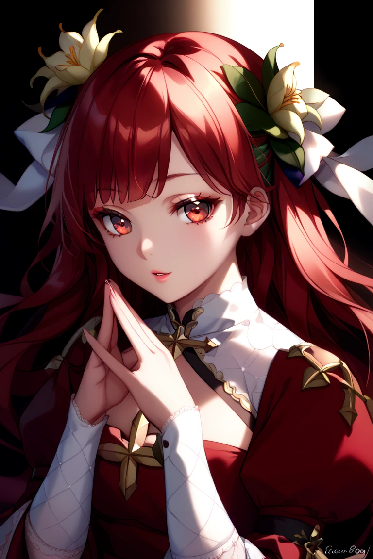Adult woman, Long fiery red hair with purple ends, purple colored eyes, deer antlers, Herbalist's robe, Masterpiece, hig quality
