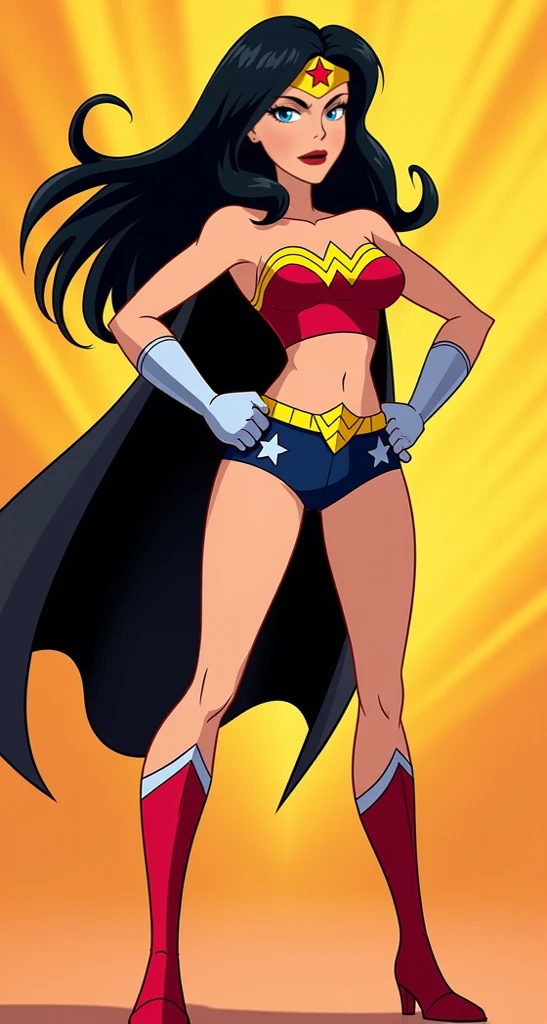 score_9, score_8_up, score_7_up, source_anime, dianaprince, diana prince, blue eyes, black hair, cleavage, bare shoulders, jewelry, star \(symbol\), leotard, star print, superhero, outdoors, cityscape, hands on hips, smile, full body, looking at viewer, solo, dutch angle, red boots, ((wetting self, pee stains, puddle)), cameltoe