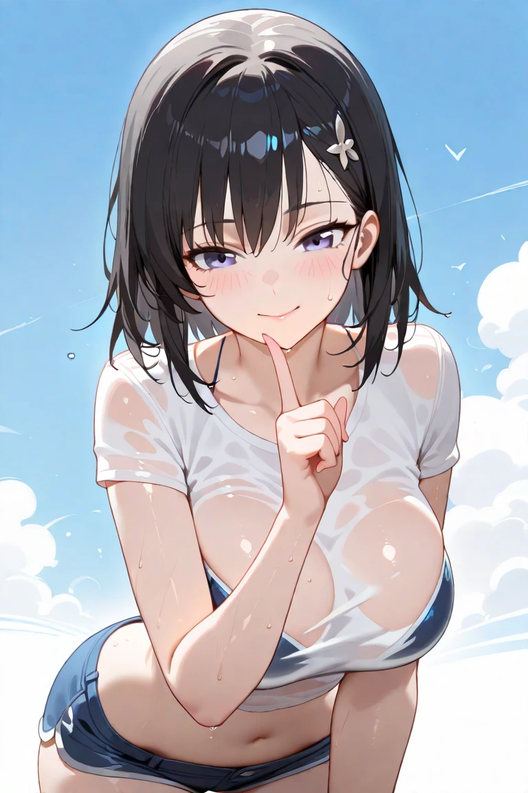 (masterpiece:1.2), (highest quality:1.2), perfect eyes, perfect face, perfect lighting, mountainous horizon, 1 boy,blonde　Upper body, 　, black hair　blue eye, ((very short back hair)), blunt bangs, bowl cut hair, , cute eyes, Medium chest, , ((from below)), open mouth, vivid description,orgasm, I wred, Ahegao, smile+Happy, tooth, anger, From the side, (((nude))), sitting,ssed arms, (looking up:1.3), 
