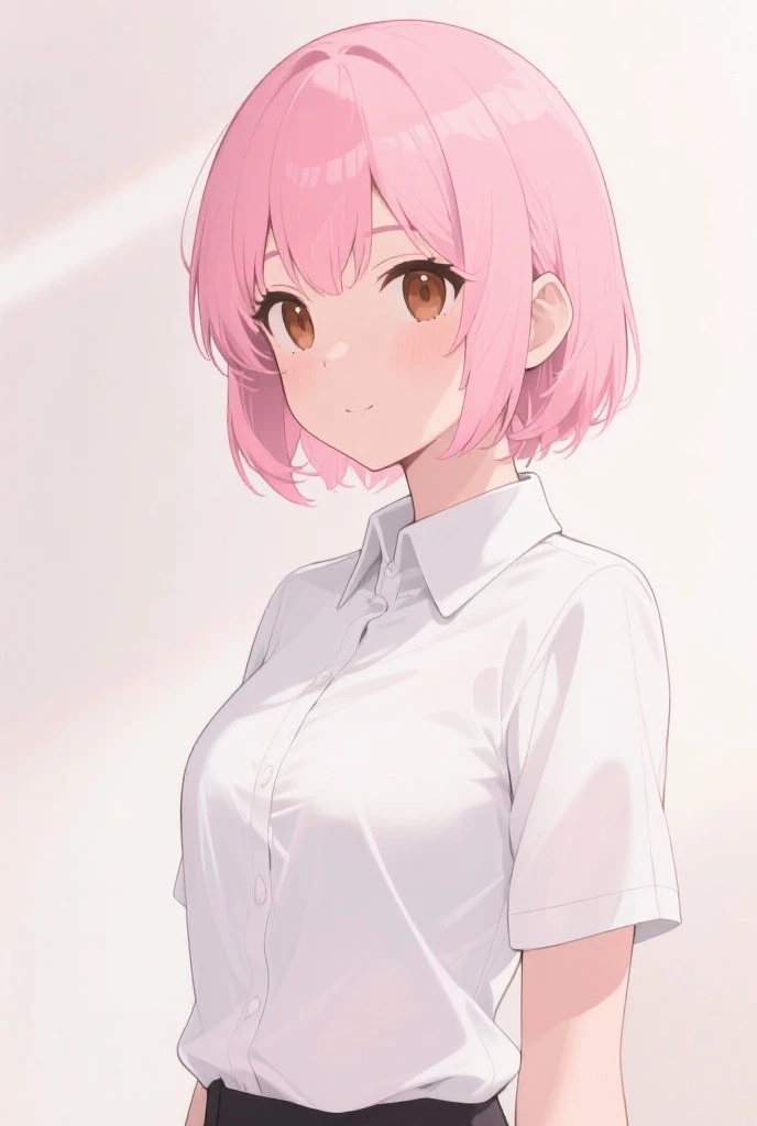 ((masterpiece,Highest quality:1.3,best quality illustration)),cowboy shot,1woman,16-year-old Japan beauty,((very small head:1.4)),short bob hair,bangs,(pink hair),brown eyes,gorgeous eyes,shy,medium breasts,((very long body)),(White T-shirt、Grey micro shorts),(toned body,slender body,skinny),gleaming skin,shiny skin,oily skin,standing,Simple bedroom、simple hotel、Tokyo