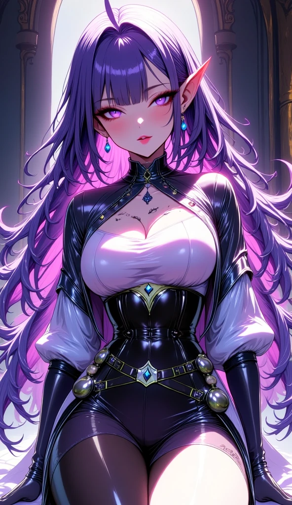 (masterpiece, best quality:1.3),beautiful detailed glow,best illuminate,(((best quality,textile shading,ultra detailed))),extremely detailed CG unity 8k wallpaper,Highly Detailed beautiful and aesthetic,best light,high resolution,detailed,dynamic lighting , 1Character , pastel washed out colors , cell shade , soft, muted shades ,gentle colors ,sword art online art style, Stunning woman extremely long hair , straight hair , ((very pale skin:1)) , purple eyes , dark purple hair , pink blush , long eyelashes, thick eyeliner , has "tareme" eyebrows , sexy woman , seductive, flirty, revealing clothing, age 30