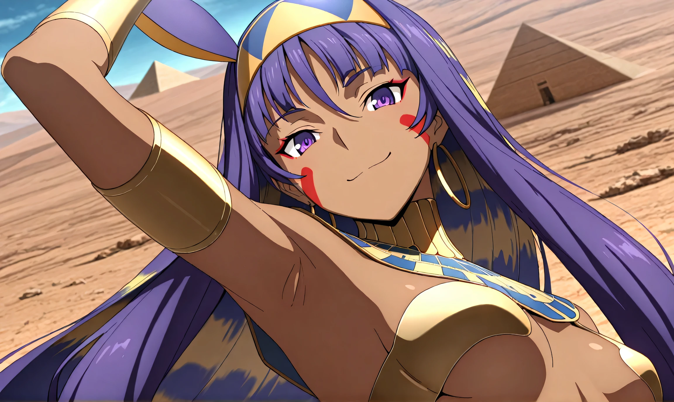 masterpiece, best quality, amazing quality, anime screencap, anime coloring, 1girl, nitocris \(fate\), nitocris \(third ascension\) \(fate\), purple hair, two-tone hair, long hair, purple eyes, jackal ears, jewelry, facial mark, dark-skinned female, ancient egyptian clothes, revealing clothes, usekh collar, bare shoulders, midriff, small breasts, arm up, raised arm, armpit, armpit focus, head towards viewer, looking at viewer, smile, smug, closed mouth, (light source in front:1.1), outdoors, day, desert, pyramid, from side, from below, fate_go_style