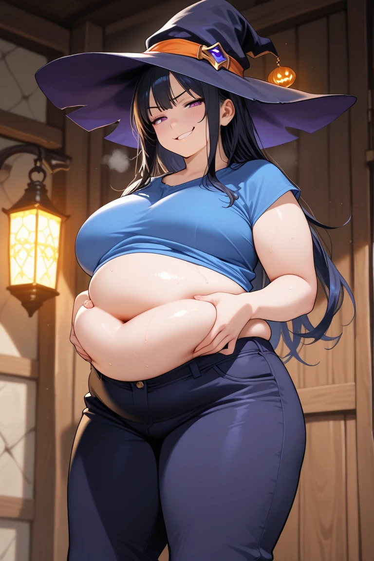 ((Masterpiece)), perfect anatomy, perfect shading, field of depth, (best quality), extremely delicate and beautiful, perfect lighting, detailed face, ultra cute face, cute, (cowboy shot 1.2), (((1girl))), ((solo)), looking at viewer,
long hair, fluffy hair, black hair, red eyes, ((blush)), shy, nervous, (black crop top 1.5), (black skirt), thigh highs, witch hat, extremely tight clothes, cleavage, large breasts, ((wide hips)), ((thick thighs)), ((chubby)),
caldron, witch hut, night time, intricate background, detailed background, arms behind back,