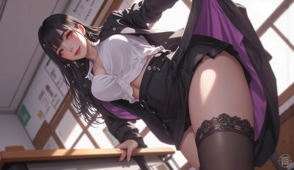 A young girl with long black hair，Wearing Japanese student uniform and short skirt，With black，blue eyes，sitting in chair reading a book