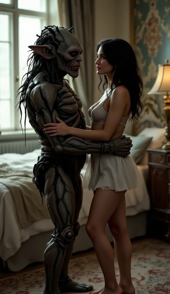 Couple,Hot white girl,sexy dress, alien man,tall, muscular,bedroom