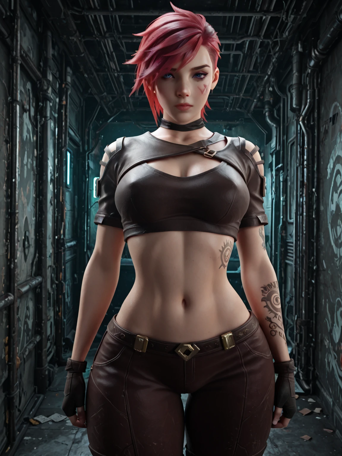 ((Jennifer Garner as Electra), ((very short red hair)), large breasts, ((tattoos covering body)), ((very defined muscles)), ((narrow waist)), ((thin waist)), ((lred leather pants with underwear showing)), ((small amount of pubic hair)), (Electra), ((camel toe)), ((cameltoe)), ((Tomb Raider style)), ((in a dark cavern city))