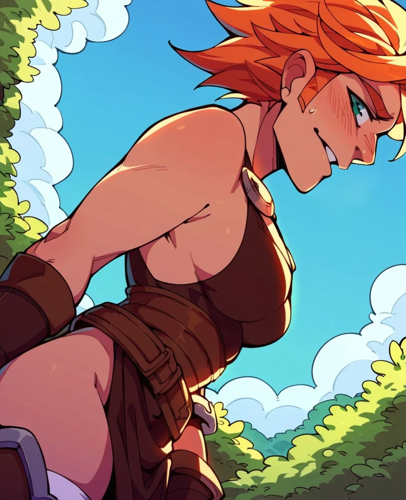 Will as a commoner, short (red) hair, brown eyes,  body, slightly medium size-breast, slightly pointed ears dressed in a revealing cloth, personality flirty, Sexy, libido is high, has cross top and loincloth, posing in a wheat field, solo, sweat covered skin, sweat soaked hair, detailed hands, high delicate defined details, sharp focus, looking at viewer