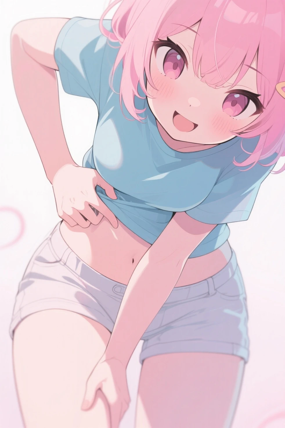 watanabe_akari, pink hair, oily skin, wet, detailed skin, (()), ((carrying a red backpack)), ((10 years olbackground, open mouth, short height, little girl, ((bare shopresenting armpit)), (see-through), cleavage, naughty face, ((white tank top)), (arm up), ((loli)), ((small boobs)), ((small bts)), ((flat chest), (hot pants), ((detached sleeves)), beach, (potrait)), loose shirt, navel, (((shock face))) wet body, rain (((height 135cm))), ((Squatting))