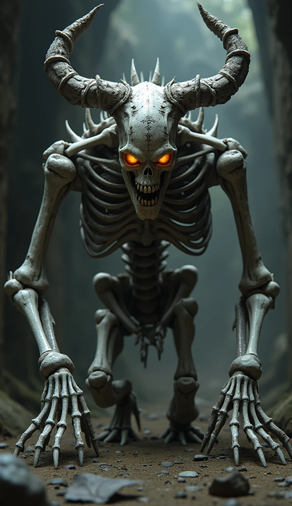 "Create a horrifying skeletal monster, body made entirely of sharp, broken bones, hollow glowing eyes, massive twisted horns, ancient runes carved into its ribs, background — abandoned catacombs, dark gothic style, highly detailed, eerie and medieval atmosphere"