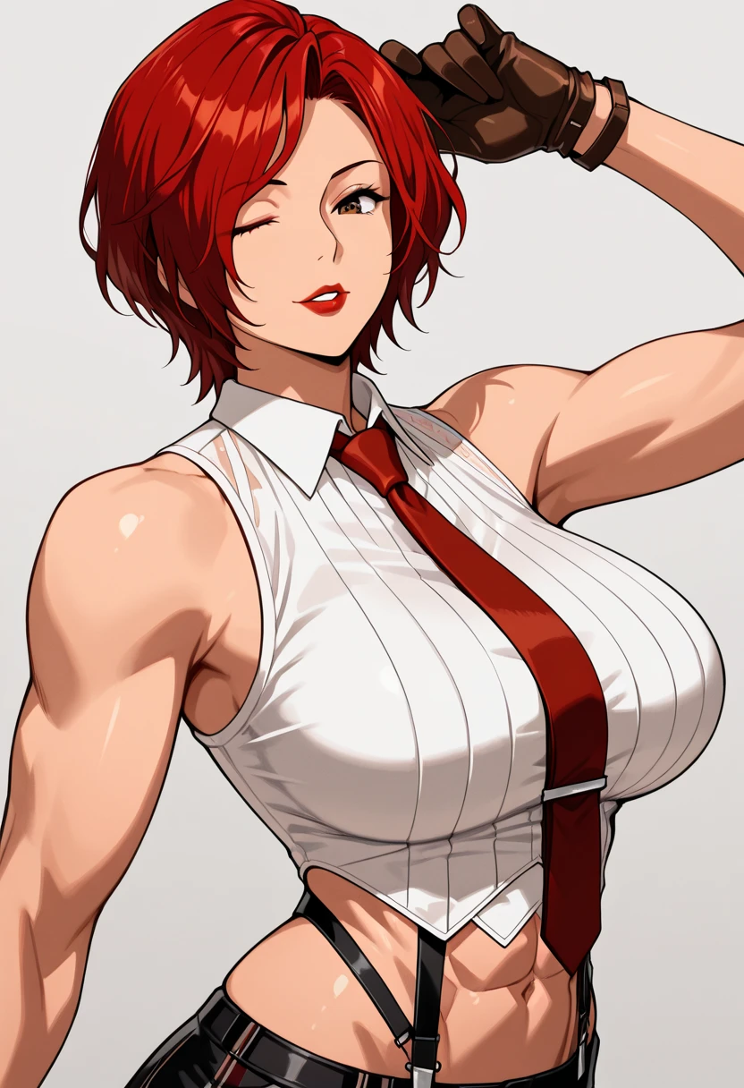  1girl, solo, mole above mouth, earrings, red eyes, jewelry, makeup,  looking at viewer, necktie, red hair, red necktie, stud earrings, mole, red braided  ponytail,  blurry background, red lips, nose, day, shirt, upper body, lips, mouth hold, eyeshadow, depth of field, short hair, outdoors, medium hair, big breasts, fat breasts, thick thighs, best quality:1.3), (4K quality) ((detailed face)),((smile)), ((curvy body)), (big breasts), sexy, ((blue sky)), ((leaning forward)),
