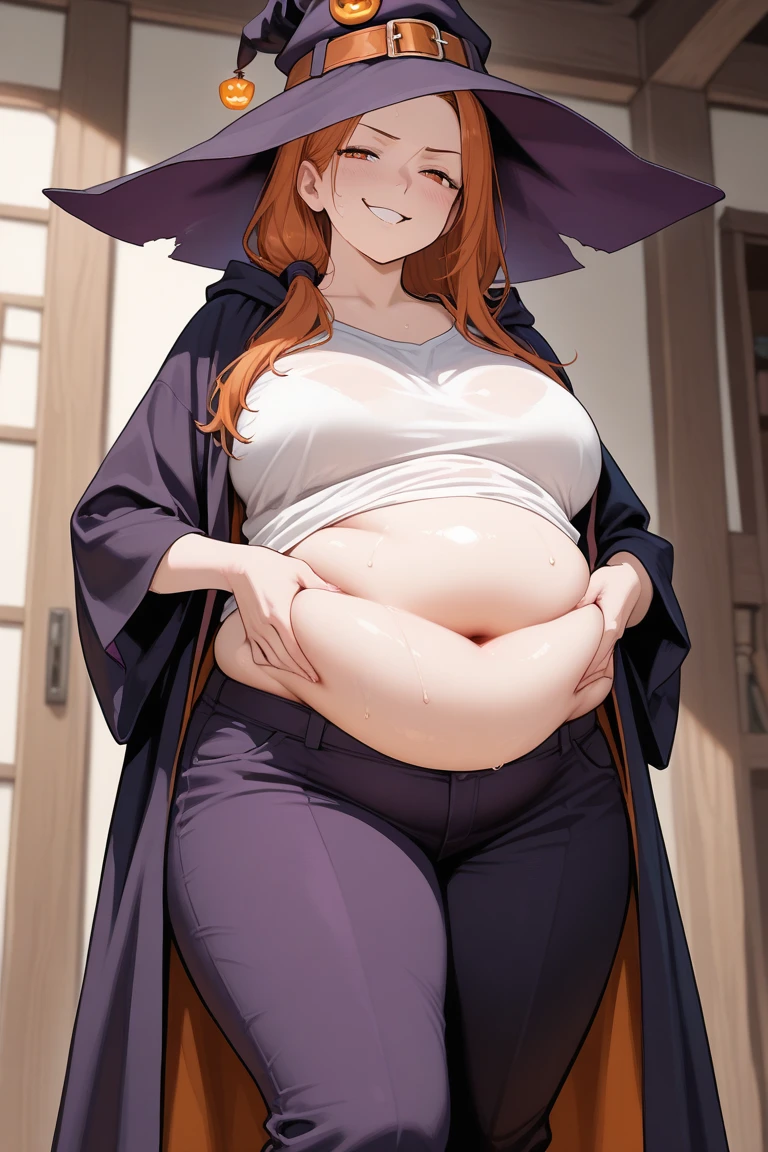 (masterpiece, best quality), 1girl, art by kipteitei, big belly, matsumoto rangiku, black kimono, japanese clothes, orange_hair, long hair, cleavage, open kimono, close up,