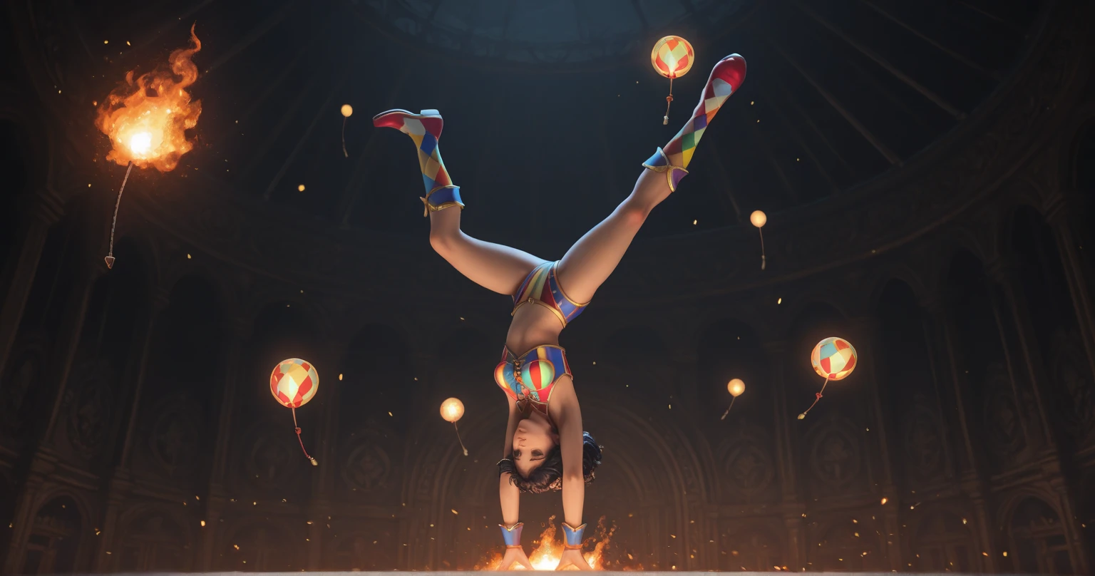 Malevolent Circus Tricks An image showcasing an evil clown performing twisted and dangerous tricks, such as juggling flaming objects or walking on a tightrope suspended over a pit of darkness, Ultra realism, color field printing, high detail, UHD, 8k, anatomically correct, cinematic lighting 4d quality --auto