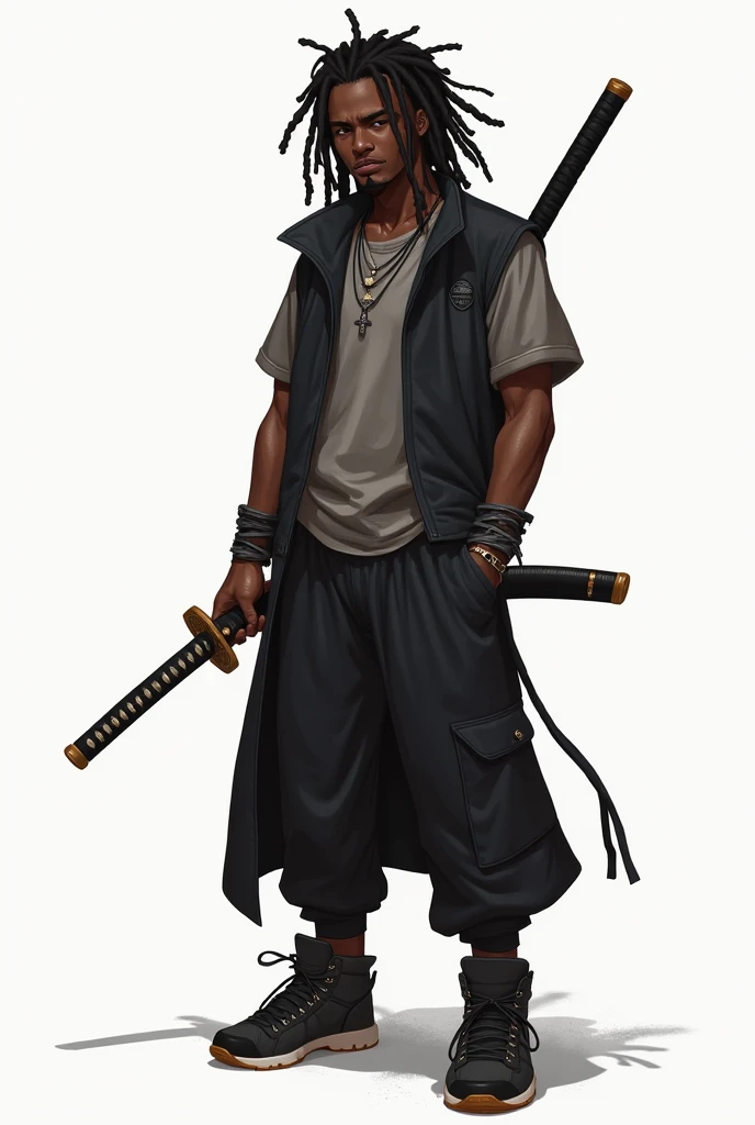 Full body image of a 17-year-old young man with dark skin, with 1,90 m tall and the power to control chains an athletic body. Ele tem cabelos blackws cacheados de dreads brancos e uma faixa turbante de baixo do cabelo, olhos blackws brilhantes. Your skin is black and black, blackw. camisa regata branca com blackw e um casaco por cima blackw com detalhes em branco e com um capuz, black pants with white seams at the knee, with chains, stylish black military boots full of belts and chains,