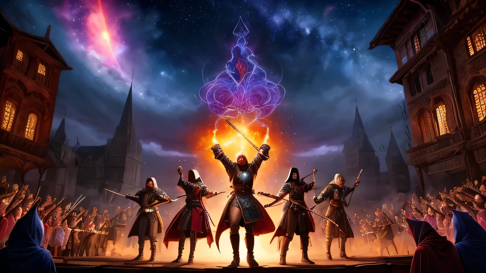 "A vibrant medieval fantasy concert scene, a band performing energetically on a wooden stage decorated with torches, banners, and mystical runes. Each band member is a distinct RPG adventurer: a fierce barbarian with a fur cape and war paint pounding the drums, a noble warrior in shining armor shredding on an electric guitar shaped like a sword, a mysterious wizard with a glowing staff and starry robes singing passionately as the vocalist, and a nimble rogue with a hooded cloak and daggers playing a magical lute. The crowd is a mix of medieval peasants, knights, and magical creatures cheering wildly. The atmosphere is lively, with colorful magical lights, swirling mist, and a starry night sky. Highly detailed, cinematic lighting, dynamic composition, fantasy art style, vivid colors, epic and immersive."