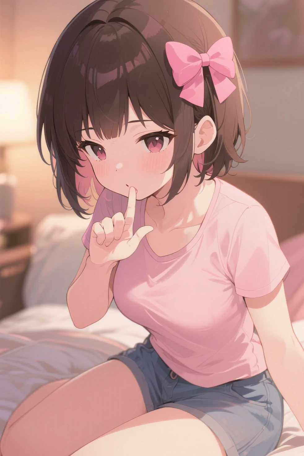 (((head shot))), ((from above)), frame in, from right in front of face and body, view straight on, upper body, High quality, very high res, High quality, very high res, cute girl, brown hair, forehead, blunt bangs, bob cut, blush, Brushed up bangs, wearing a plain t-shirt, shirt lift, medium breasts, pale pink nipples, I can see your belly button, (kneeling down pose) ,(1boys), ((pov short penis tip)), ((handjob)), ((hand penis)), at office