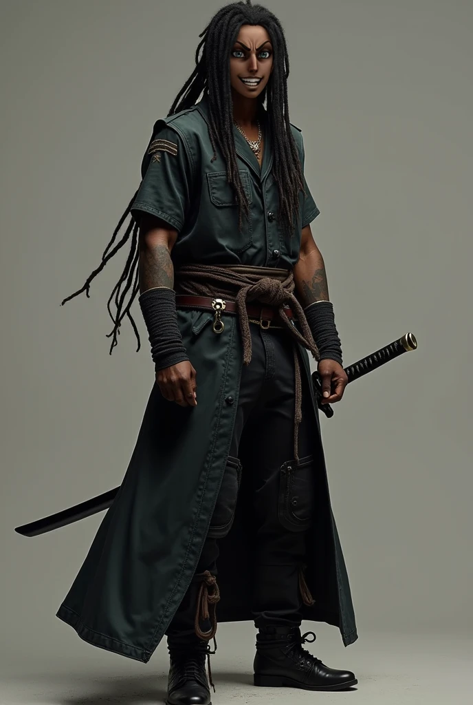 Portrait of Will Smith, black vampire man (Blade), with long hair, wearing red-lensed sunglasses and a black neo matrix-style overcoat, holding a bloody katana sword, action pose