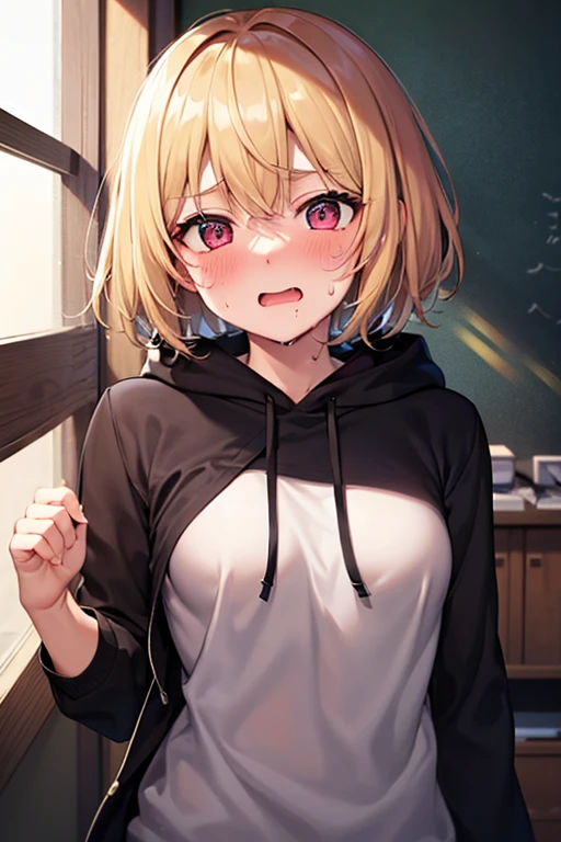 (((One girl))), Shibuya, blond hair, bob cut, from front, from above, Emphasize the cleavage, Seductive pose, looking at viewer, ((upper body)), face on focus, ((blush)), open mouth, tongue out, wide-eyed, heart-shaped pupils, saliva, ((sweat)), ((steam)), ((nervous)), black hoodie:1.3, black shorts:1.3, anime style, (best quality, 4k, 8k, highres, masterpiece:1.2, ultra-detailed, ultra-detailed eyes, HDR, UHD, studio lighting, ultra-fine painting, sharp focus, physically-based rendering, extreme detail description, professional, vivid colors, bokeh)