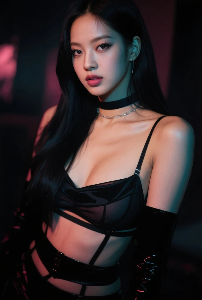 Best quality), 1 girl, White skin, goth style makeup, black dress with cutout at the feet, hands on head, The head is turned away from the camera, Studio background