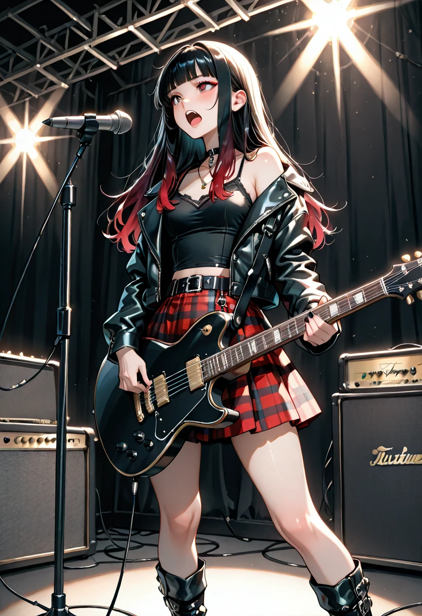 masterpiece,hyper quality, very detailed, perfect picture, CG, 3D, 8k, figure,
Demon slayer, Fallen Princess, beautiful face girl, one beautiful girl, スリーサイズ B90W60H95, Droopy eyes but cute, A dignified and cute expression, cute smile, black hair, ponytail, cowboy shot
(Design T-shirt:1.3), (tie the hem of a shirt:1.3), (plaid skirt:1.3), (long fishnet stockings:1.3), (hold an electric guitar:1.3),
live, best writing, on stage