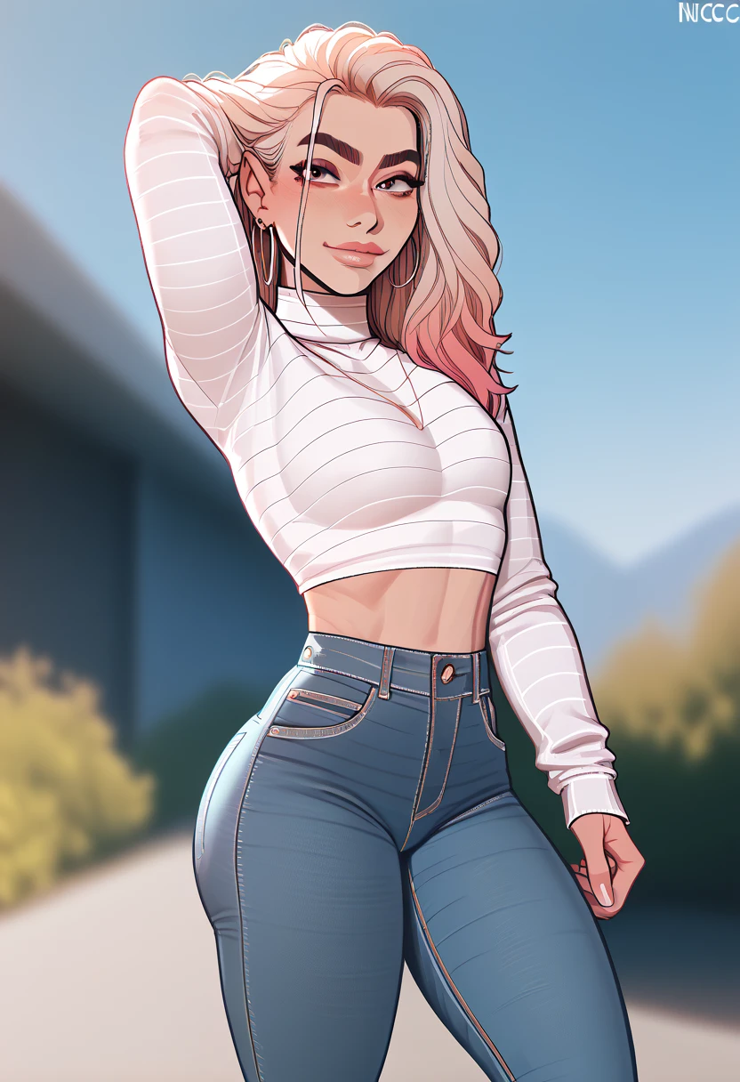 a woman in jeans and a white top posing for a picture, her belly button is exposed, belly button showing, wearing crop top, she has a jiggly fat round belly, wearing a sexy cropped top, lorena avarez, skinny waist and thick hips, violet myers, thicc, sie boob, wearing bra, sexy girl, blanca alvarez