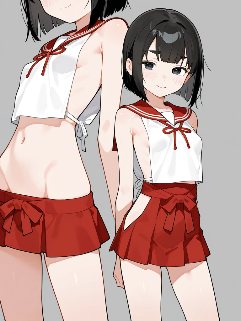 Character design sheet、Same character、front、beside、back)、An illustration、Environmental change scene、woman、panties(Simple Background、White background:1.3),((((Lift the sleeves of your skirt to show your white panties))))、White Sailor Suit、Black mini skirt、Navy Blue Hair