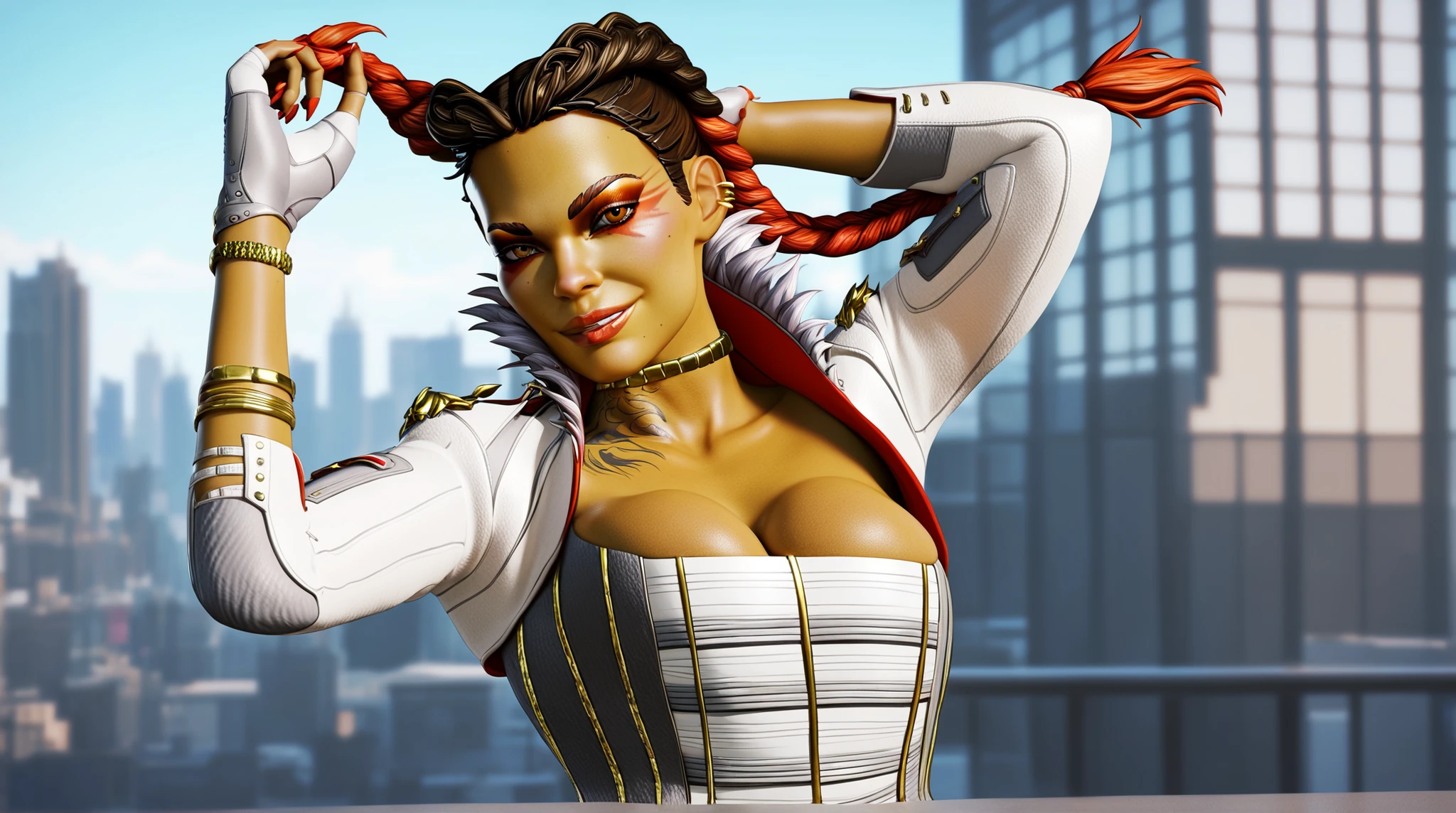 score_9, score_8_up, score_7_up, absurdres, 1girl, blurry background, cityscape, depth of field, looking at viewer, smile, standing, full body, arms up, parted lips, stomach, contrapposto, BREAK Main_Loba_ownwaifu, 1girl, black hair, dark skin, dark-skinned female, dreadlocks, ear piercing, facial mark, gold choker, hair pulled back, long hair, multicolored hair, red eyeshadow, red hair, yellow eyes, twin braids, hair behind ear, makeup, white jacket, brown hair, jewelry, gradient hair, cropped jacket, cleavage, earrings, fur trim, corset, fingerless gloves, collarbone, white pants, strapless shirt, white gloves, piercing, two-tone hair, large breasts, white skirt, lips, fur-trimmed jacket, lipstick, long braid, bodysuit, skirt, forehead, tigh strap, eyeshadow, facepaint, pants, pleated skirt, neck ring, undercut, eyeliner, gold chain, belt,