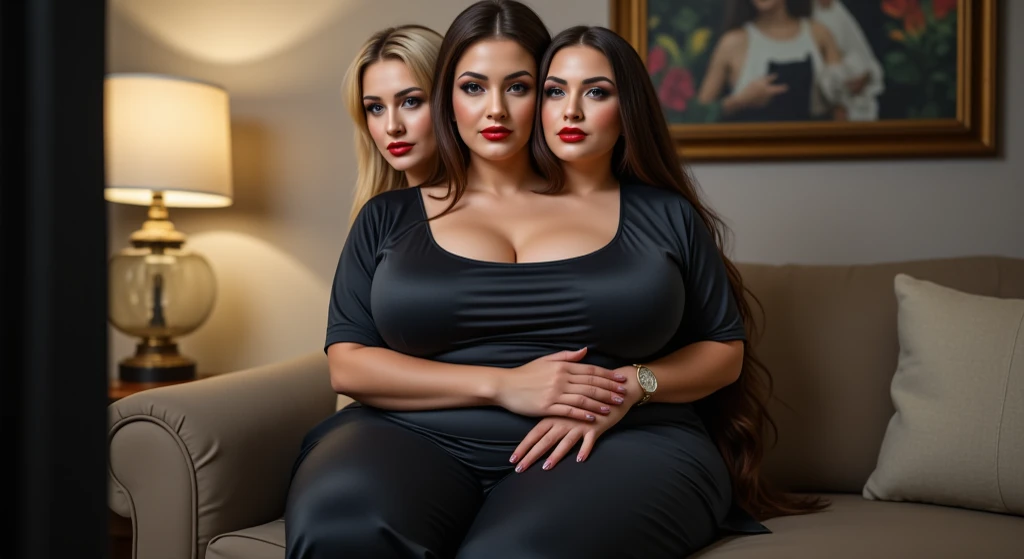 three woman, triplets, 20 years old, curvy, long dark hair. They wears a black babydoll. Big breasts and big butt. Sitting on a bed.
