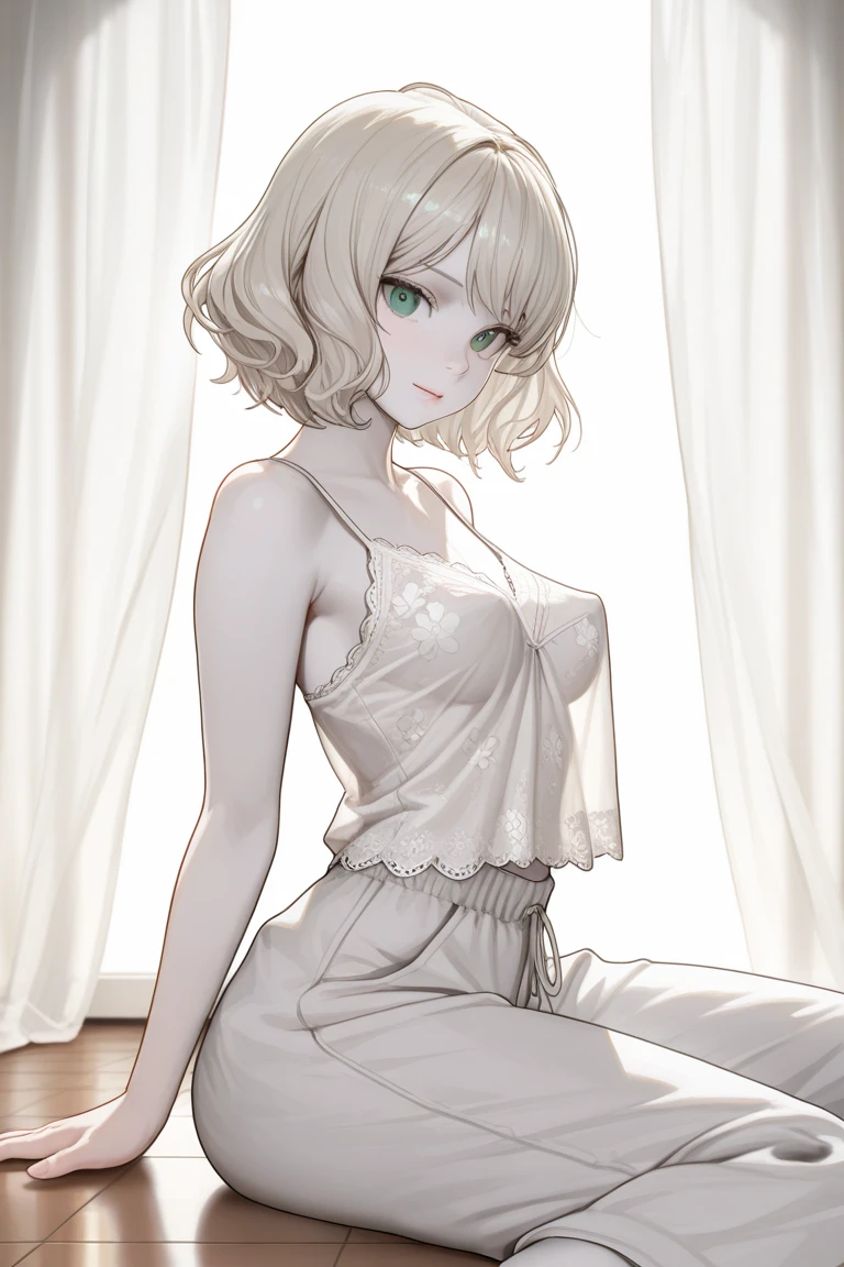 Curly short haired blonde woman, in white cotton top, and white high cut cotton panties, anime art style, intricate details