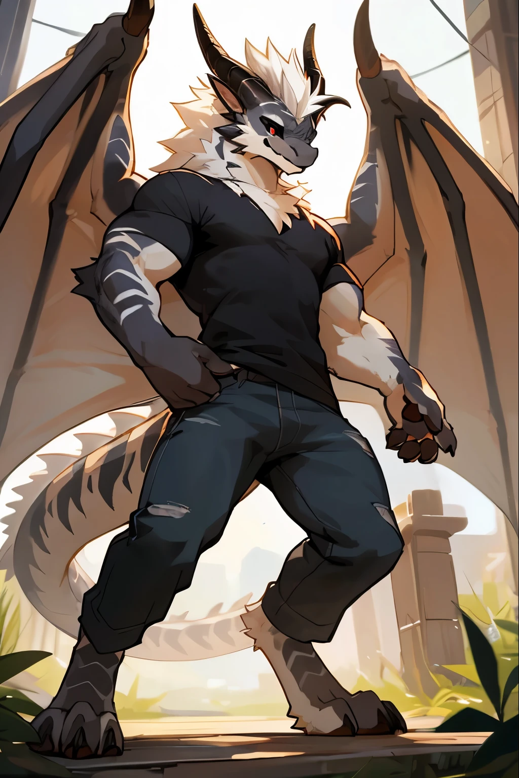 furry, anthro, kemono dragon, fluffy pointed ears, dragon horns, dragon tail, feathered wings, black colored fur, white stripes, messy fur, neck floof, white hair, black sclera, white pupils with a slight glow, toned physique, handsome, kemono, tall, pawpads, black pawpads, wearing a tight black shirt and jeans ((best quality, 4K, UHD, masterpiece)), digitigrade stance,