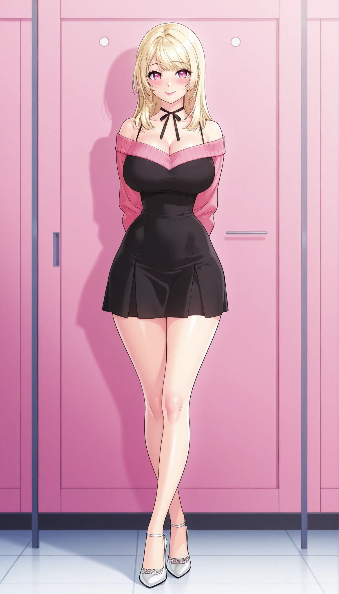 A young-adult beautiful cute woman with long silky pale-blonde hair, big pink eyes, pink lips, extremely fair white natural skin, an extremely small waist, slightly wide round hips, slightly big breasts, and an insanely perfect hourglass figure. She's only wearing a revealing thin mini black dress with spaghetti straps and lacy V-neckline, a soft front-open pink sweater worn in an off-shoulder style, a neck ribbon, and white heels. She's standing, shy smile, hands behind her back, and is in a college cafeteria. Show her full body and super hyper-detailed.