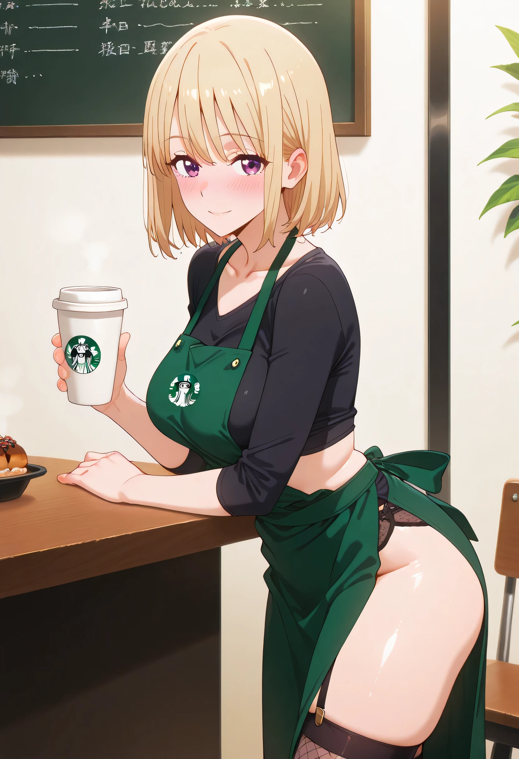 masterpiece, best quality, amazing quality,
1girl, solo, looking at viewer, blushing, white background, mature girl,side view, light smile, seductive,
short hair, blonde hair, purple eyes,, 4k ultra quality, anime ecchi style, vibrant and rich colors, shizuku kousaka (na honjaman level up), Anime screencap,solo focus, looking at viewer, shiny skin, shiny hair, shiny body, clear body, nose blush, BREAST FOCUS,, tight clothes,, High-resolution anime-style illustration, clean lines, smooth shading, and rich fabric details., medium breasts, in a deep green Starbucks apron, slightly larger to cover more of her torso, over a black crop top with a modest neckline dipping just below her collarbone, paired with a tiny khaki skirt with a side slit, revealing studded garters and torn fishnet stockings, leaning seductively against the counter of a cozy Starbucks branch, her body angled provocatively with one hand holding a coffee cup, the other resting on a pastry display, the air filled with the scent of freshly brewed coffee and caramel syrup, warm lighting reflecting off the wooden tables, a chalkboard menu hanging in the background,