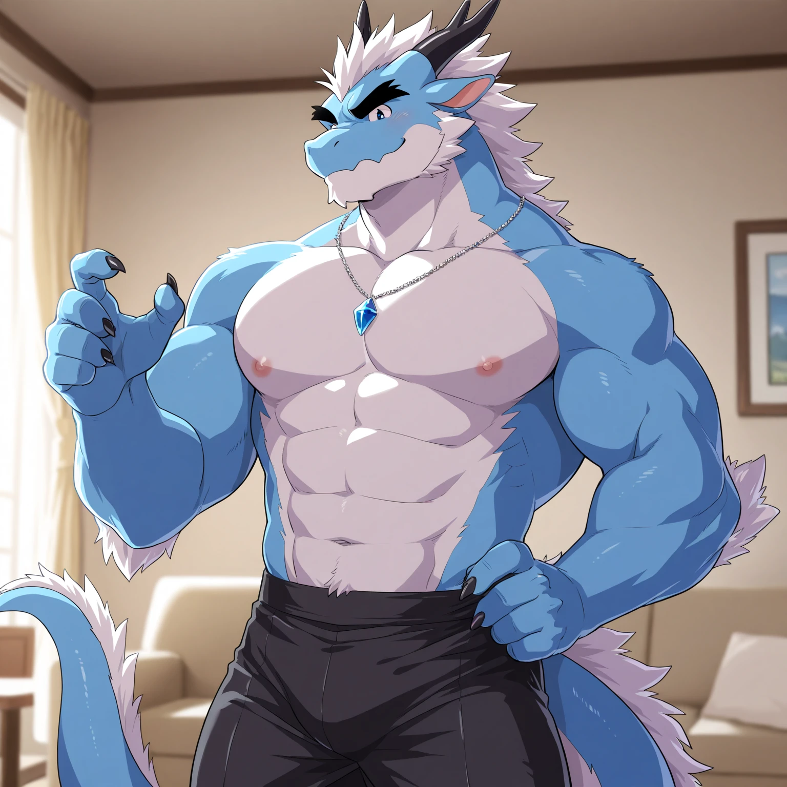 by zixiong, (1boy), solo, male, kemono, (blue wolf), white coutershading, (naked), handsome, muscular, adult, hunk, hot body, (detailed black eyes), detailed face, white eyebrows, (1 detailed big hard white penis erection), balls, thick body, nipples, full body, pectoral, 6-pack abs, masterpiece, high res, best quality, 8k, nsfw, lineart, detailed shade, dark background