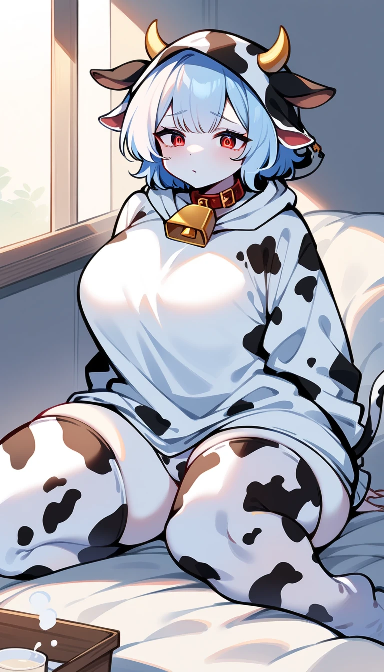 Woman, mommy type, curvy with big chest and butt, short hair, serious, no blush, slight sweat, cowgirl, cow-colored bikini, cow-colored stockings on legs, hair band horns, leg on leg, sitting on a couch, night club private lounge, looking in the camera
