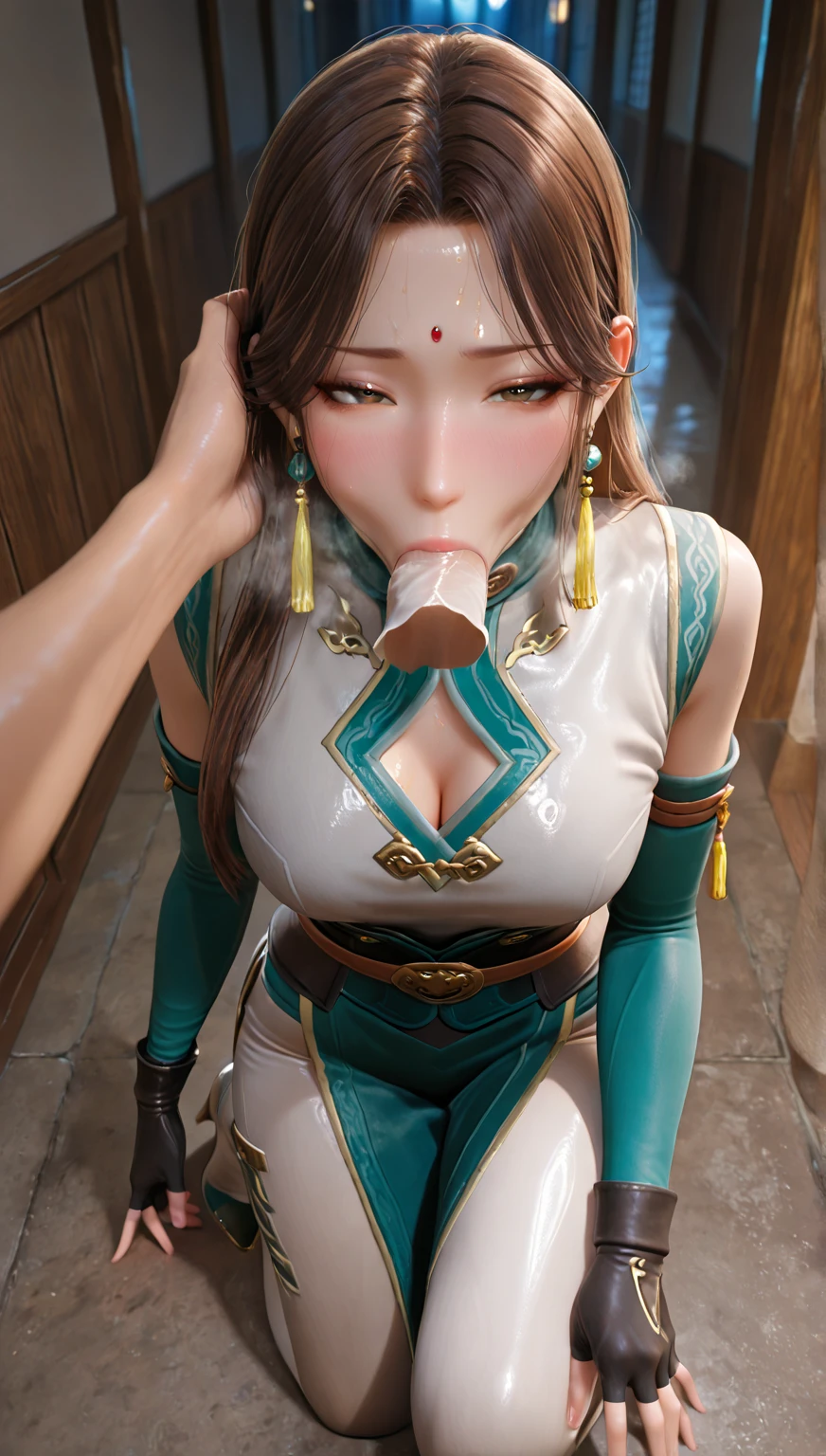 8K quality、High resolution、Realistic skin texture、High resolutionの瞳、、Blowjobする女、Brown long hair、、A simple green Chinese dress made from light fabric.、Dignified face、thin、Model Body Type、Realistic female genitalia、Deep and realistic penis swallowing、Blowjob、deep throat、Semen-covered body、put penis in mouth all the way to the base、Shooting from the side、Swallowing a lot of semen