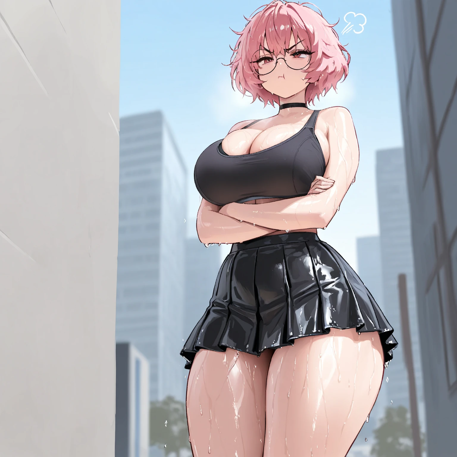1girl tomboy stretching public nude small breasts blushed angry face hairy pussy glasses athletic body