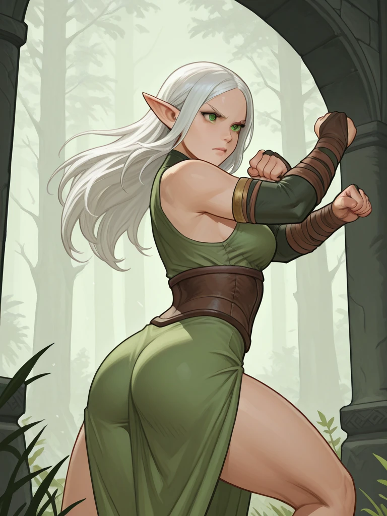 Viking warrior woman with a beautiful, angelic face, green eyes and curly white hair, gold and brown shorts, Viking ax, full body looking back, emphasizing her buttocks