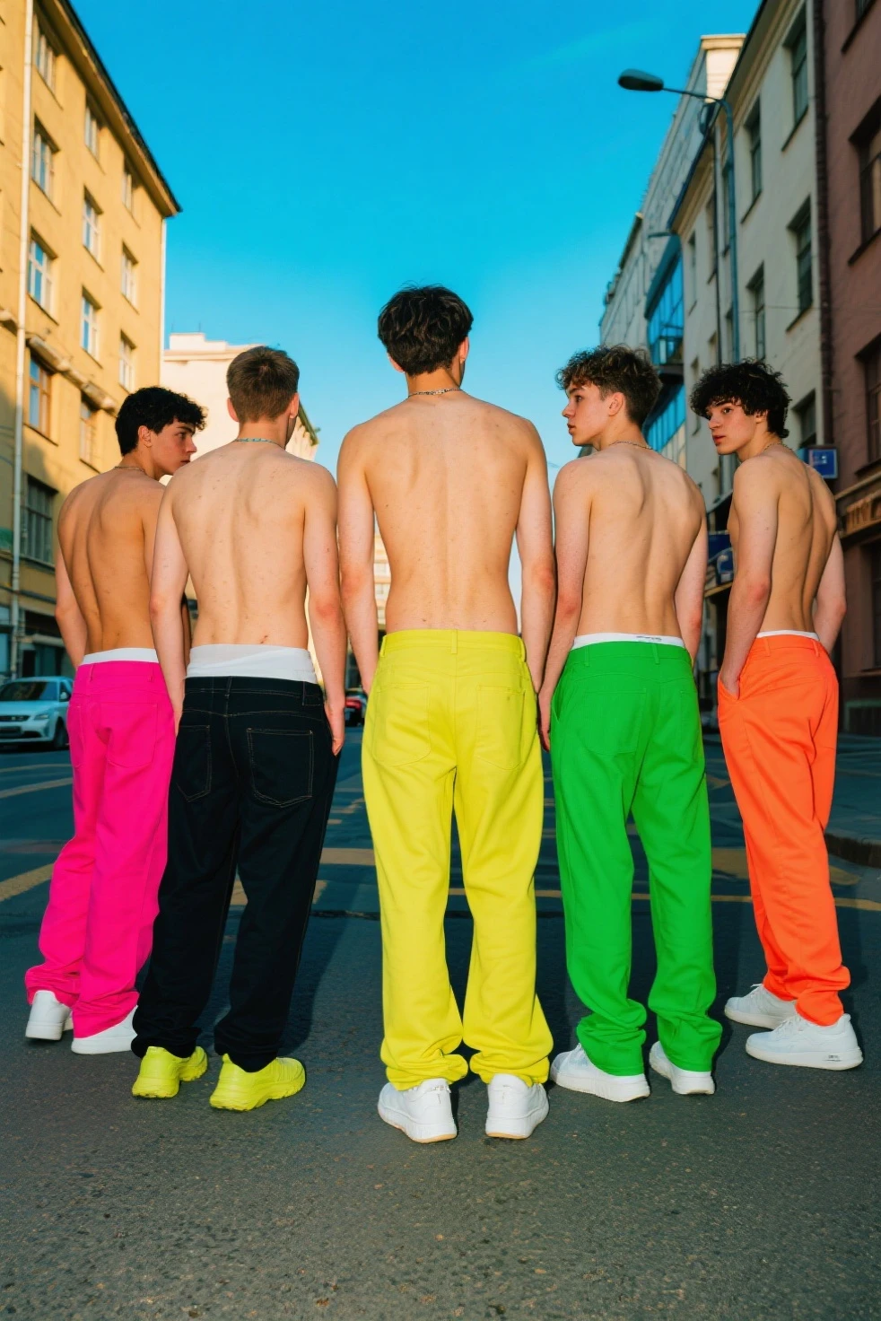 A blond man in pink underwear, another blond man in orange underwear and another blond man in green underwear