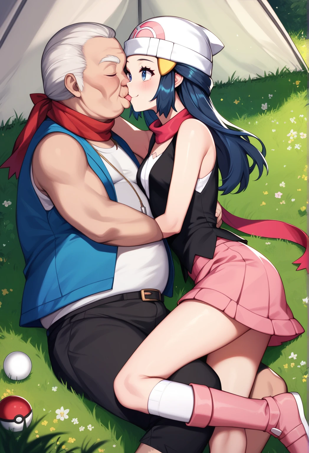 Pokemon Dawn, Monster girl quest, performance dress, red bow, white and red dress, white gloves, seductive evil grin, smug, blush, 1boy, (shota), 1girl, larger female, large female, side view, girl sitting on top, female on top, open field background, tight grip, ((handjob)), rubbing penis, glovejob, stroking penis, foreskin, retracted foreskin, cumming, pushed down, pinned down, looking at eachother, looking at boy, scared boy, fearful boy, (hand around penis), holding penis, squeezing penis, (large breasts)